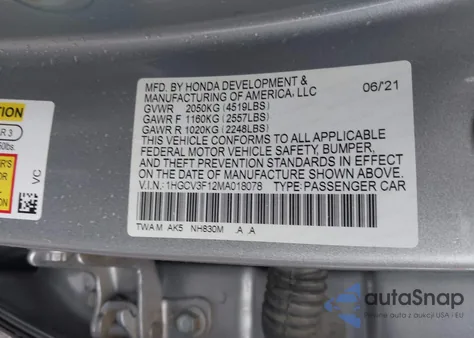 2021 Honda Accord Hybrid z USA, uszkodzony, nr VIN 1HGCV3F12MA018078